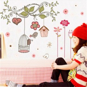 Cartoon Branch, Cage, Birds and Flower Wall Sticker